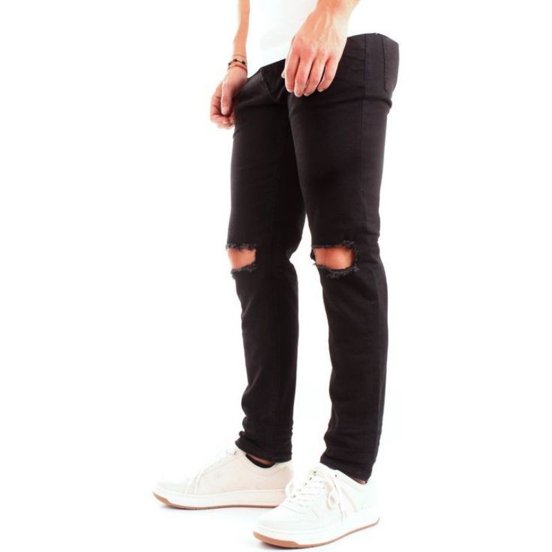 Wisdom - Celana Skinny Jeans Ripped Black Basic Stretch - tear the knee