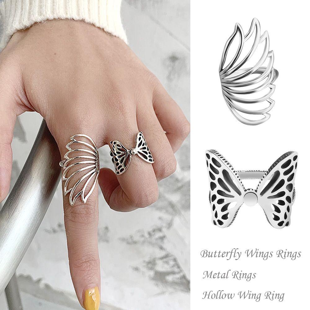 Lily Sayap Kupu-Kupu Cincin Perhiasan Wanita Gadis Punk Aksesoris Terbuka Dapat Disesuaikan Cincin Berlebihan Hip Hop Hollow Wing Ring