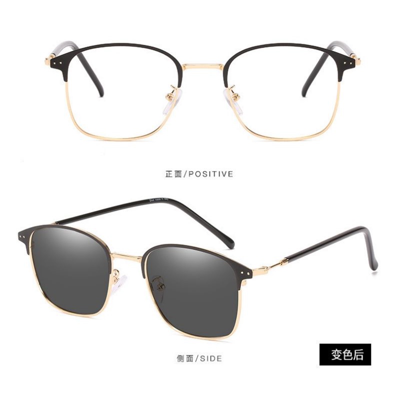 COD - Kacamata Lensa Photocromic Model Kotak Pria Wanita Frame Besi Alloy Photochromic Fotokromik-KT - Hitam-Gold