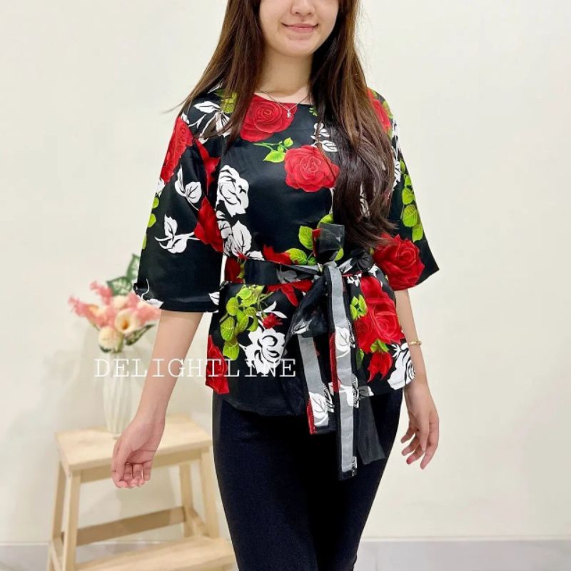 RIBBON BOW TIED TOP BLOUSE WANITA BLACKOUT DELIGHTLINE - MOTIF SAKURA FLOWER - LENGAN PANJANG 7/8-2