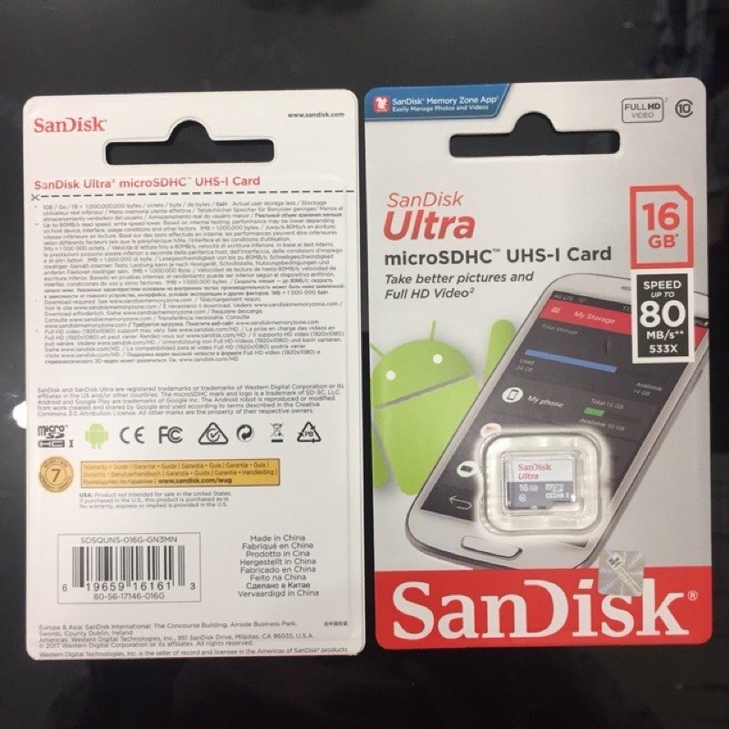 Micro SD Sandisk 16GB Ultra Class 10 / SDHC Memory Card Class 10 16 GB