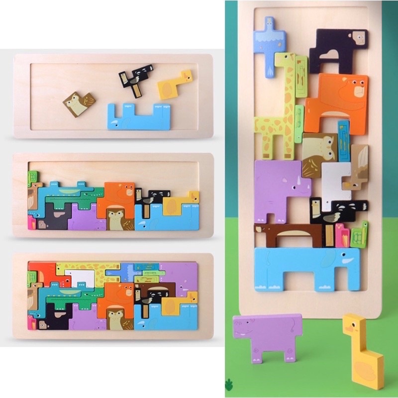 wooden tetris animal puzzle mainan tumpuk domino mainan edukasi