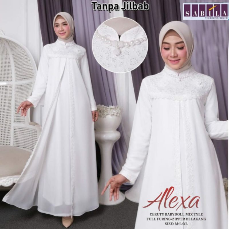 Alexa dress gamis putih ceruty mix tile full furing