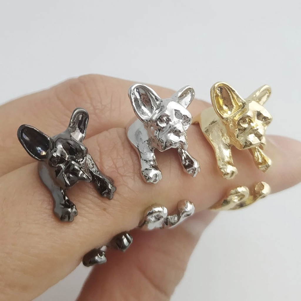 Hu Hu Hu Hu Hu Alat Bantu Pasang Kacamata♡ Cincin Bentuk Anjing French Bulldog Bahan Alloy Gaya Vintage Untuk Wanita