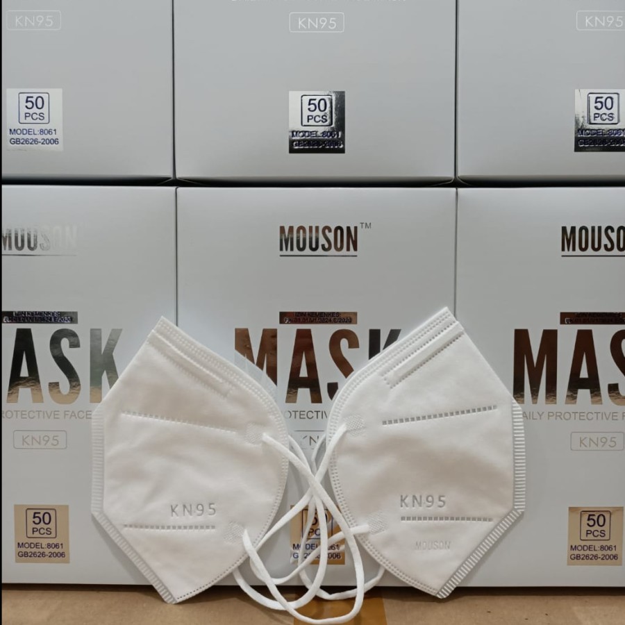 PM Masker KN95 MOUSON isi 50 ada logo dan Tali elastis IZIN KEMENKES -Putih PASAR MURAH ORIGINAL