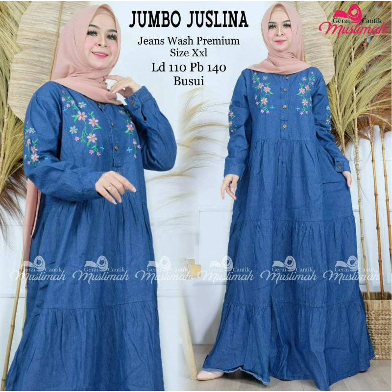 GAMIS JEANS WANITA MODERN TERBARU MURAH / GAMIS JUMBO BUSUI KANCING SYARI / GAMIS JEANS KEKINIAN