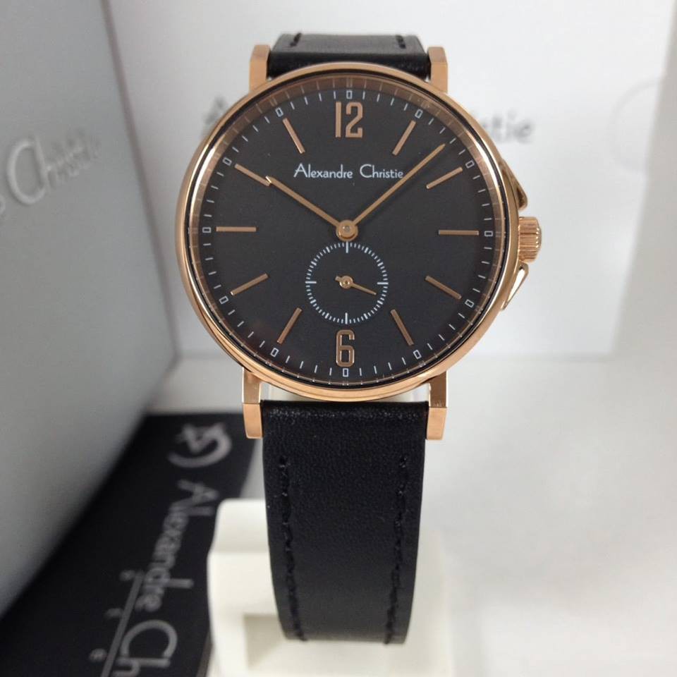 TERMURAH.. JAM TANGAN CEWEK ALEXANDRE CHRISTIE TALI KULIT AC 8458 BLACK ROSEGOLD ORIGINAL