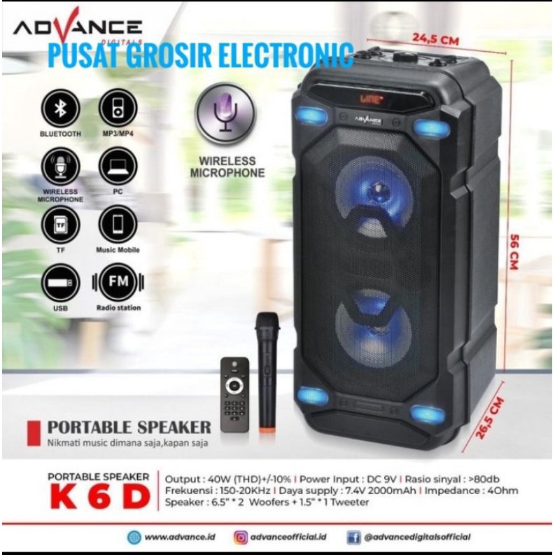 SPEAKER ADVANCE K6D WIRELESS BLUETOOTH K 6D USB 6.5 INCH