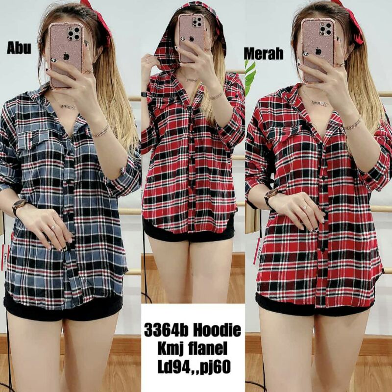 SWEATER HOODIE KEMEJA FLANEL ATASAN FASHION WANITA IMPORT PREMIUM KOTAK TOPI PJ 3364