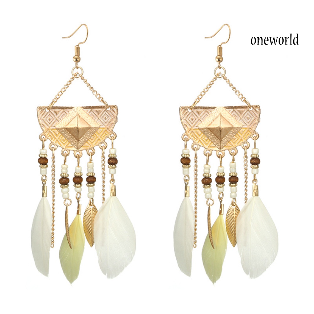 OW@ Bohemian Women Fan Shaped Beaded Tassel Feather Statement Hook Earrings Jewelry