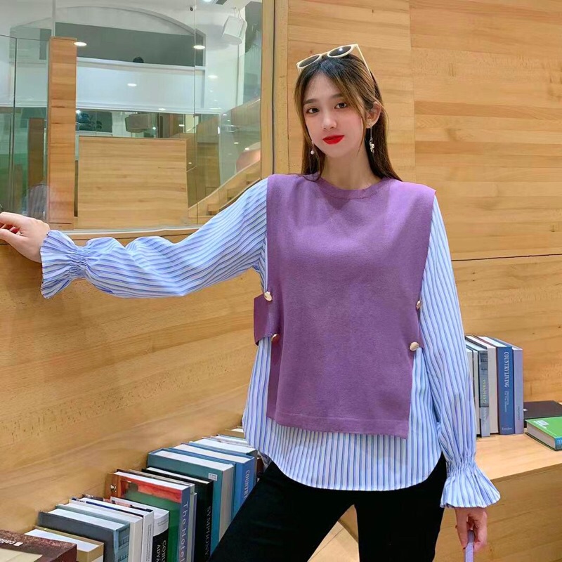 ONE SET ATASAN WANITA RAJUT KOREAN STYLE KEKINIAN JUMBO IMPORT POLOS LENGAN PANJANG GARIS MURAH