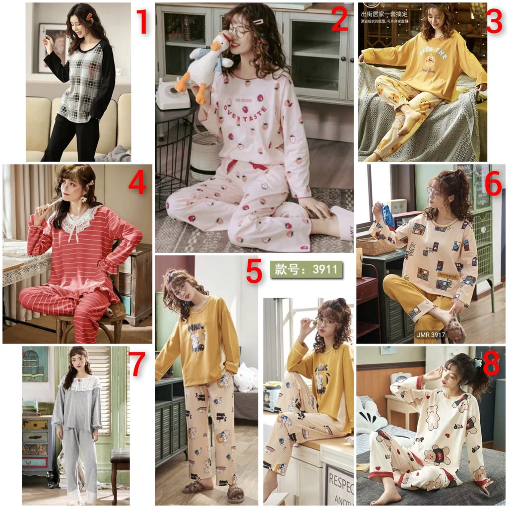 Baju tidur piyama bahan kaos import lengan panjang celana panjang ppkaos