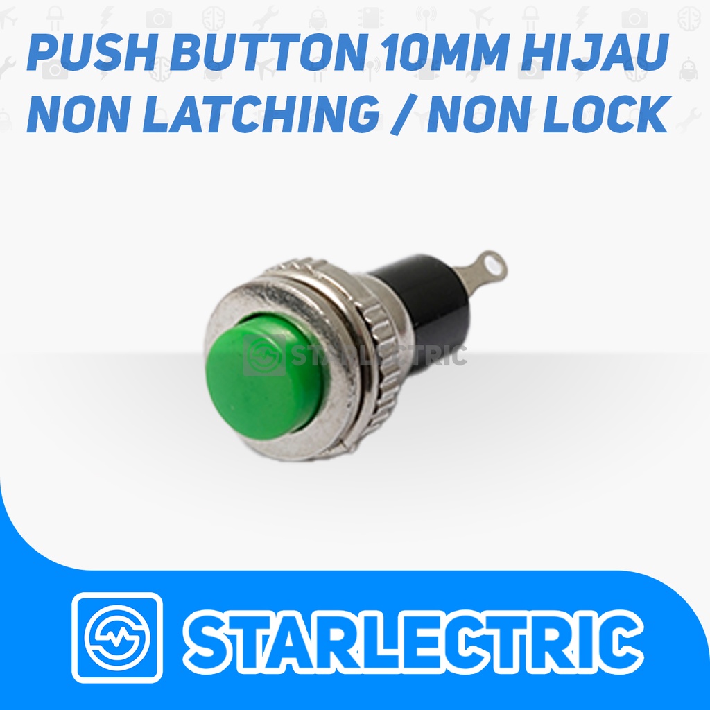 Tombol Push Button Switch Push On Reset 10mm Hijau Non Latching