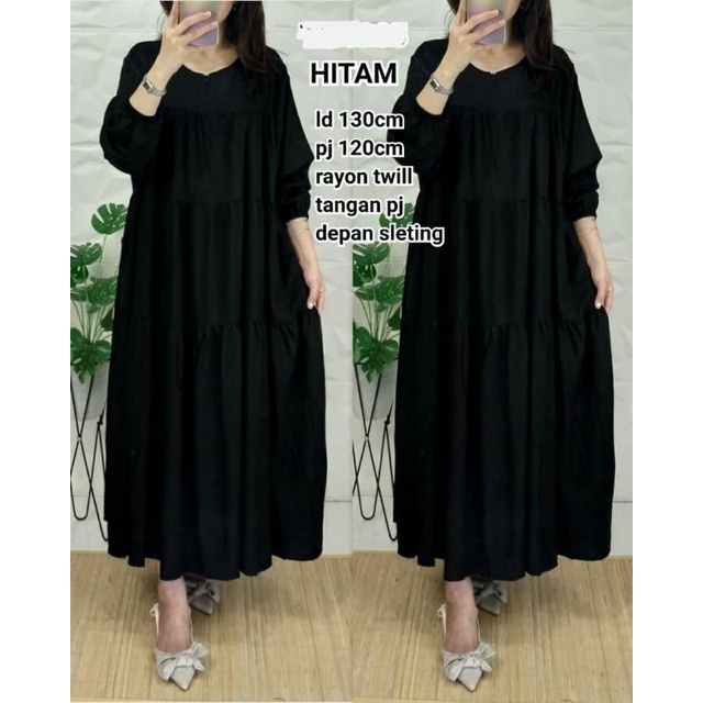 Midi Dress Jumbo Rayon Twill Umpak Hitam-Putih