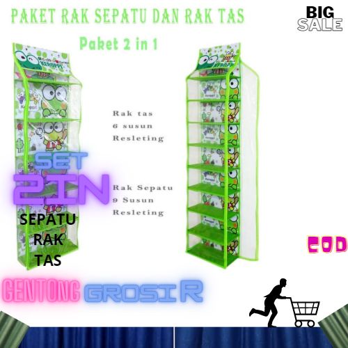 [2in1 Set] Rak Sepatu+Rak Tas Susun Gantung Motif Karakter 2in 1