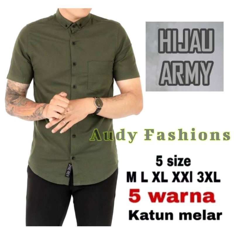 KEMEJA POLOS PRIA LENGAN PENDEK KEMEJA KASUAL PRIA WARNA HIJAU ARMY