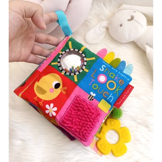 [Make Believe] Shake Look Touch Cloth Book (buku kain) with rattle, teether, mirror, touchy-feely, crinkly sound