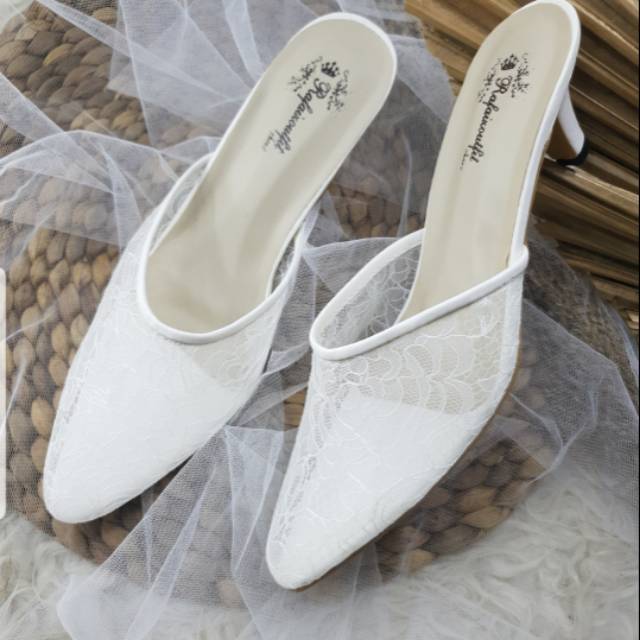 Sepatu wanita sepatu wedding brukat putih 5cm