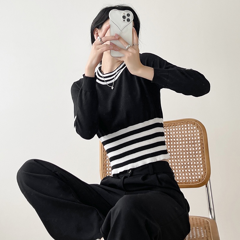 【Elegant】Minimalist Round Neck Pullovers Vintage Stripe Short Knitted Sweaters 7371