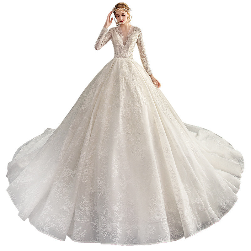 Luxurious White Long Sleeve Wedding Dress Lace Beaded V Neck Long Tail Bridal Dress Shopee Indonesia