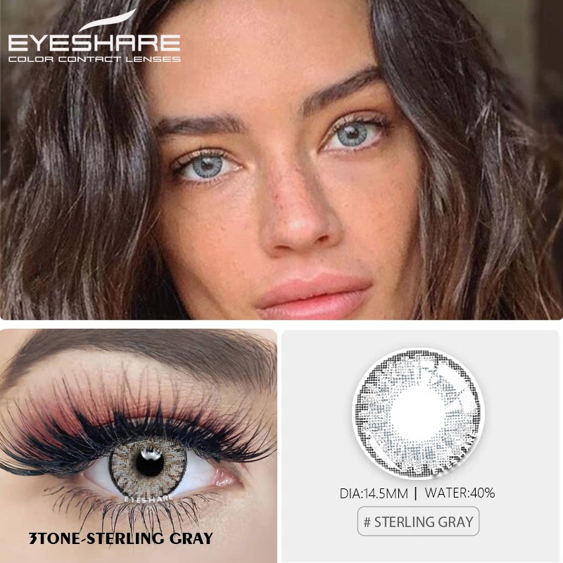 （COD）C28-3TONE Amethyst Sterling-grat Sepasang lensa kontak berwarna, Warna campuran Eropa dan Amerika mata yang besar diameter 14.5MM, kadar air 40% lensa mata cairan lensa kontak soflen mata softlens soflens Ture-sapphire Grey