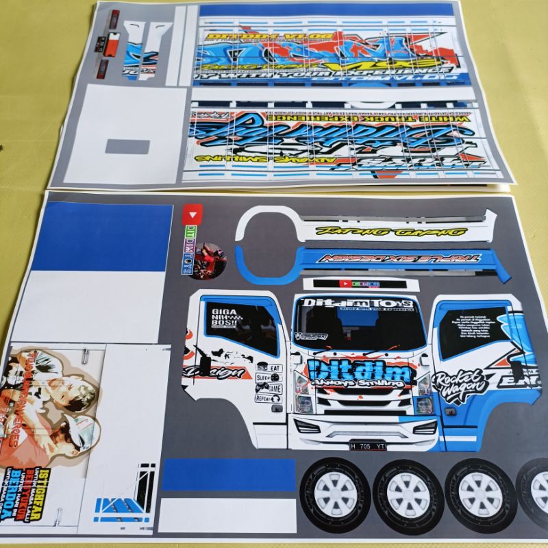 lembaran pola stiker miniatur truk oleng ukuran 48cm