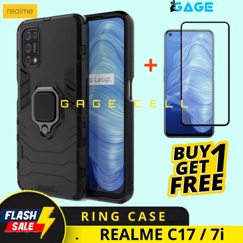 FREE TEMPERED GLASS FULL LAYAR REALME C17 7i HARDCASE CASE RING ROBOT ARMOR REALMI 7i C17 BACK COVER