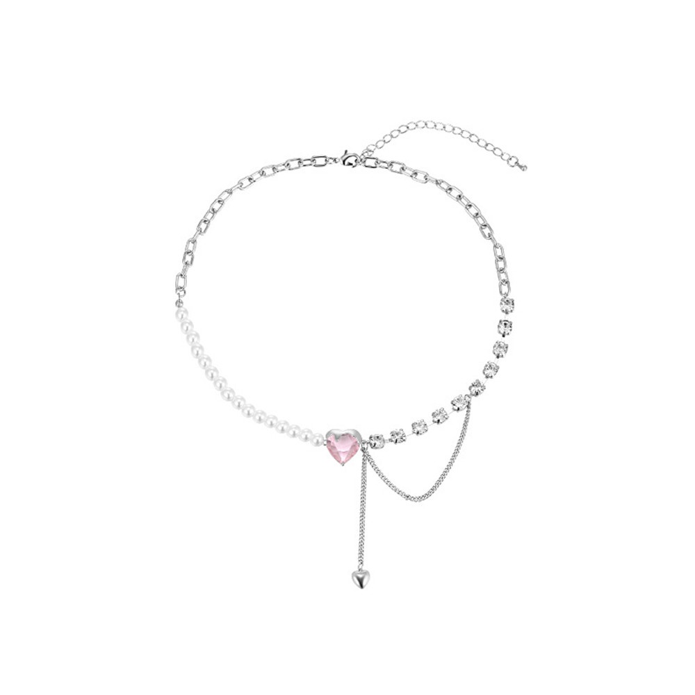 【COD Tangding】Kalung Rantai Klavikula Desain Hati Mosaik Aksen Mutiara Untuk Wanita