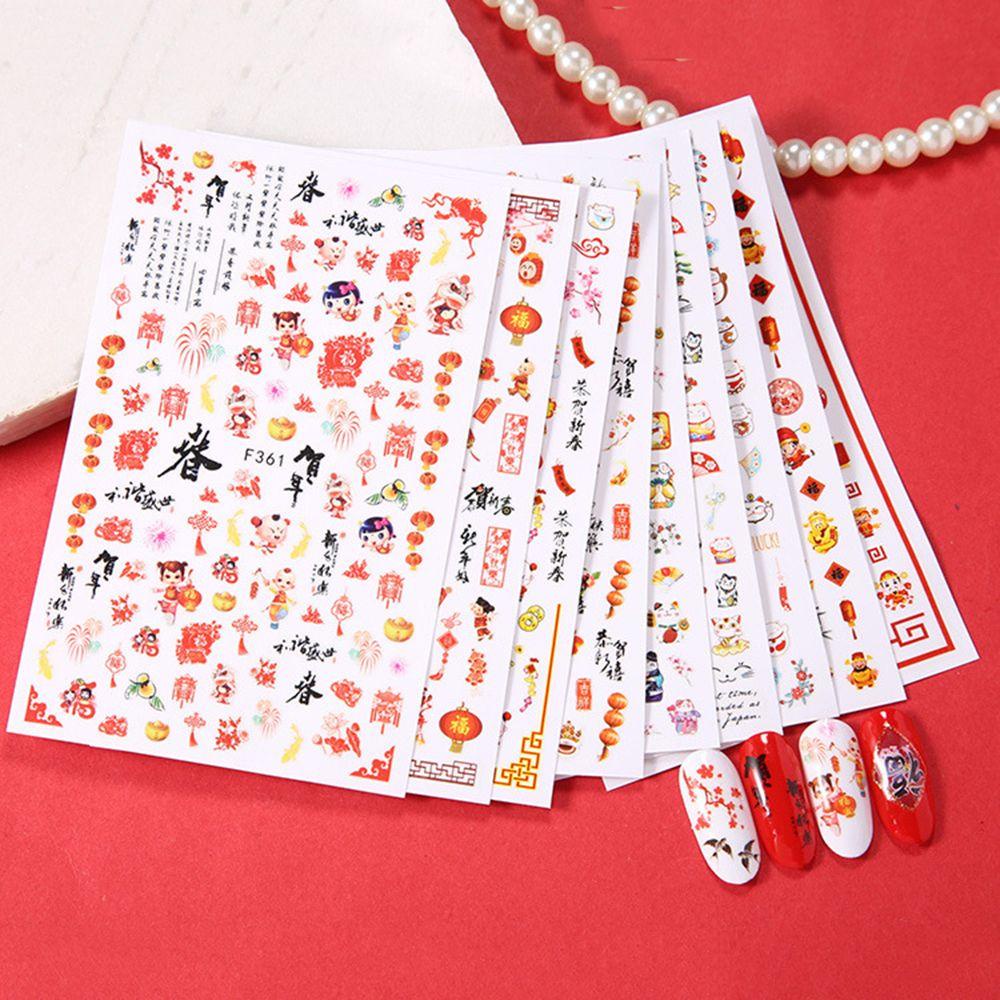 AUGUSTINA Agustina Tahun Baru Stiker Kuku Musim Semi Festival Selamat Kuku Decals Lentera 3D Aplikasi Lucky Cat DIY Nail Art Dekorasi