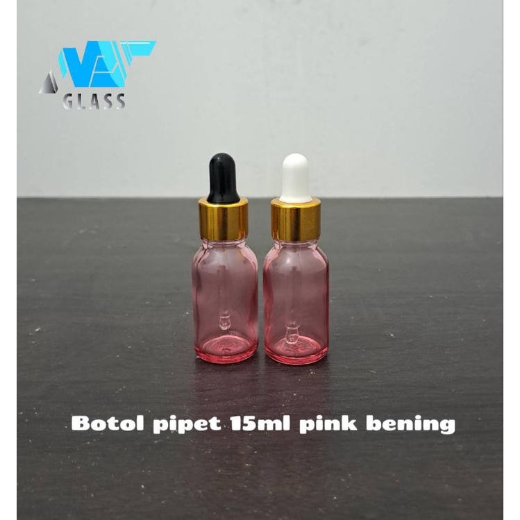 botol pipet kaca 15ml pink bening ring almunium gold / botol serum 15ml