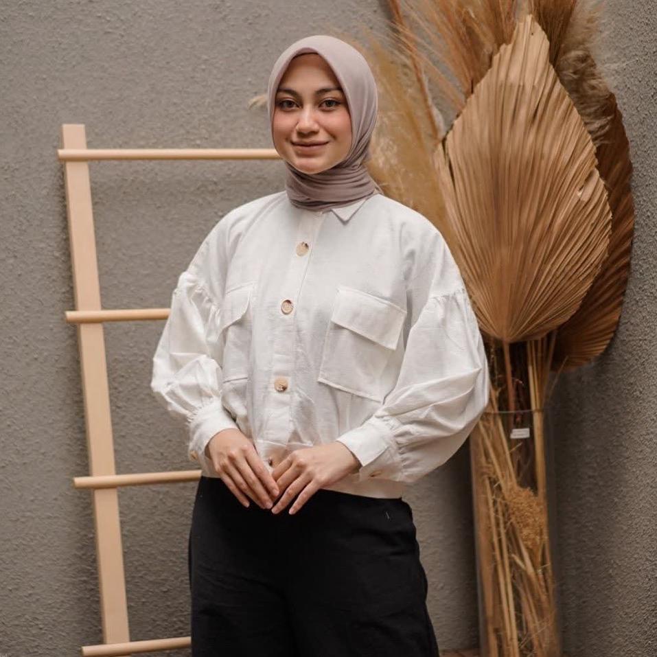 Minvina Shirt Crop Oversized Outer Linen | Outer Bigsize Wanita Lengan Balon | Busan Jaket Linen {GN