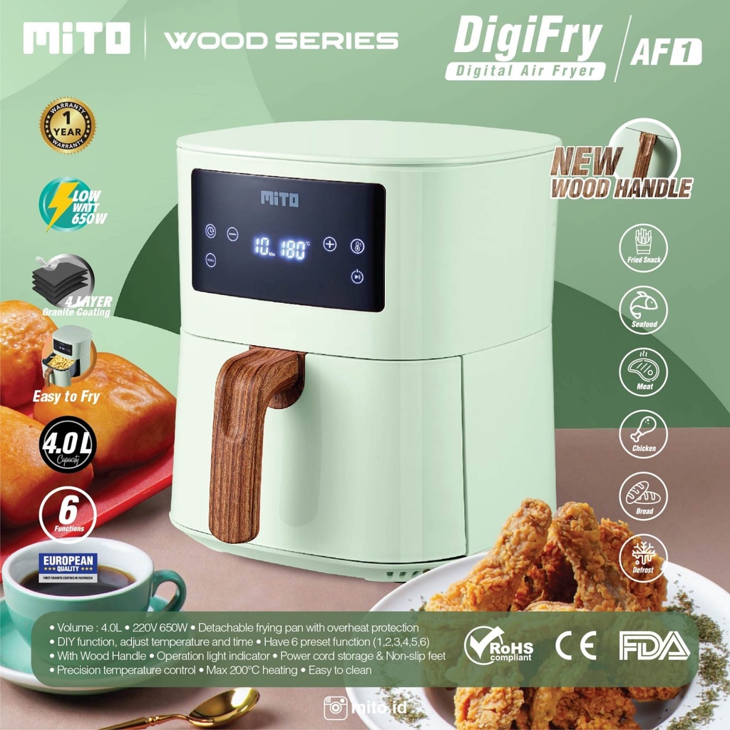 AIR FRYER MITO AF1 HIJAU MINT AF-1 / DIGIFRYER MITO 4 LITER AF-1 GREEN LOW WATT WOOD SERIES