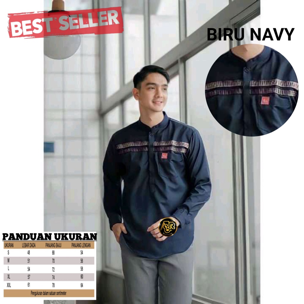 Baju Koko Pakain Muslim terbaru 2022 Size M L XL XXL // koko kurta ff lengan panjang dewasa bahan toyobo Textile-KOKO FF BIRU NAVY