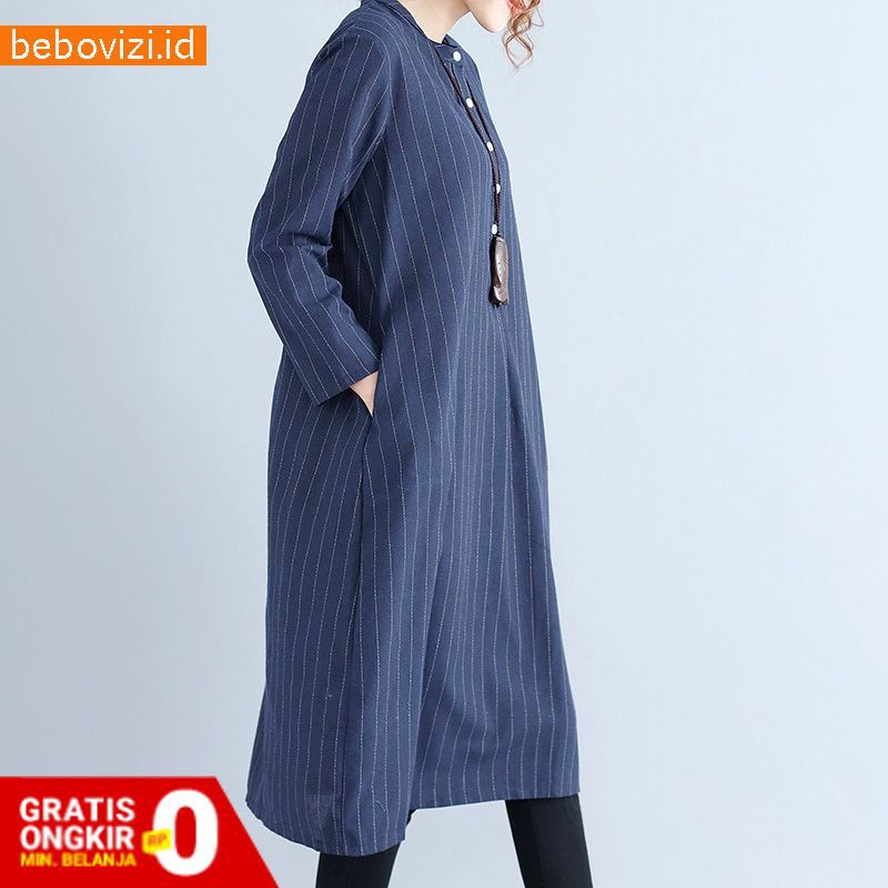 Casual Dress Stripe Summer Jumbo Longgar Wanita Midi Lengan Panjang Import