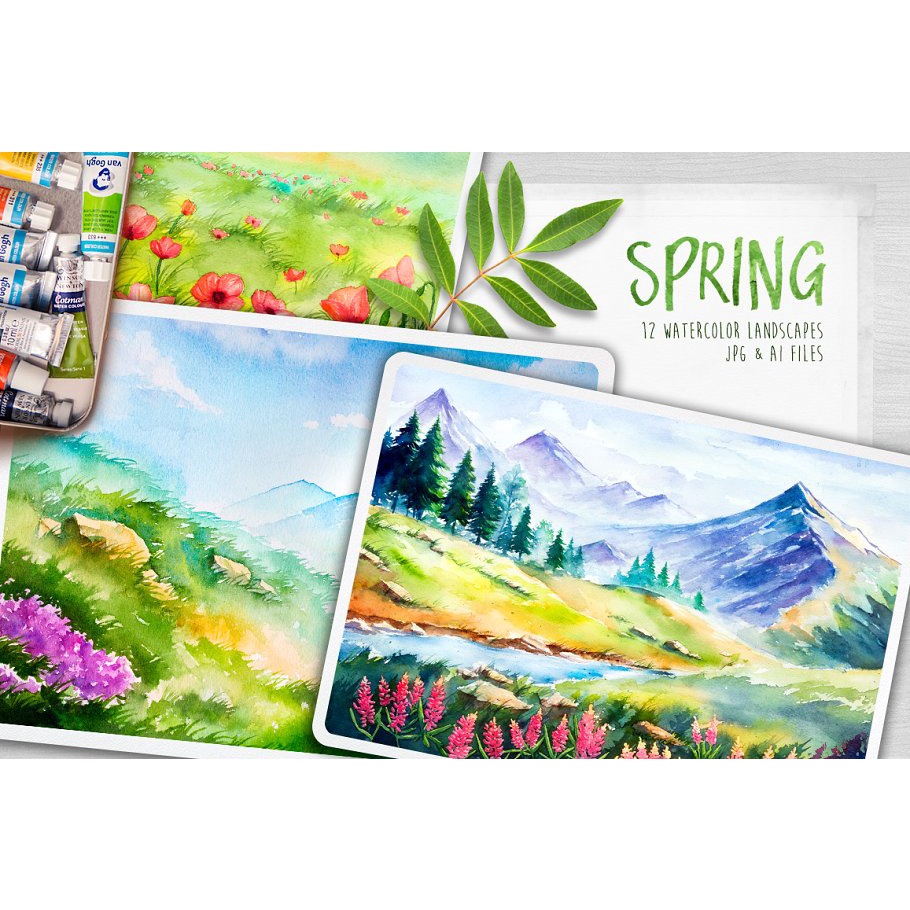 Spring Landscapes Watercolor - Vector Designs