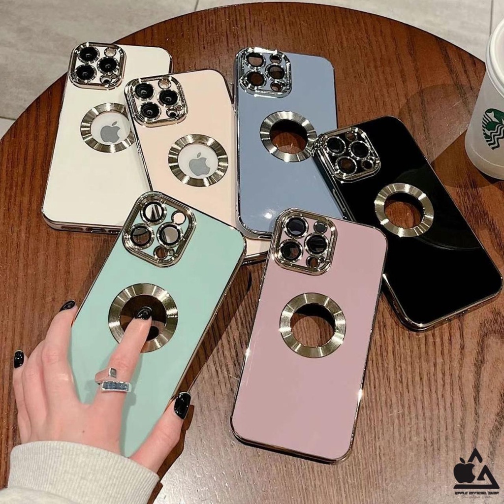 Premium Softcase Square Chrome LOGO BULAT iPhone 13 PRO MAX 12 PRO MAX 11 PRO MAX XR X XS MAX 7 7+ 8 8+ SE 2 3 With Lens Lensa Glass Camera Protector Soft Case Logo Apple List Krom Gold Electroplated Pelindung Kamera Silikon Jelly Clear Cover Bukan Hardca