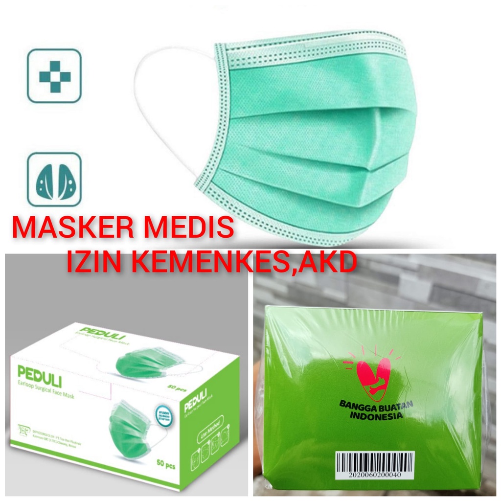 Masker 3ply medis hijau  isi 50 masker Earloop izin kemenkes AKD