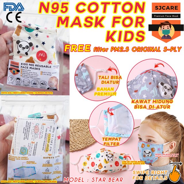 SJCare Masker Anak Premium Kids Katup Respirator FREE FILTER PM 2.5 - Star Bear