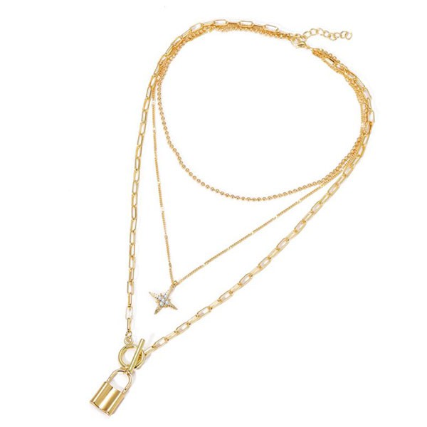 kalung multilayer star lock pendant multilayer necklace jka207 (1H1)
