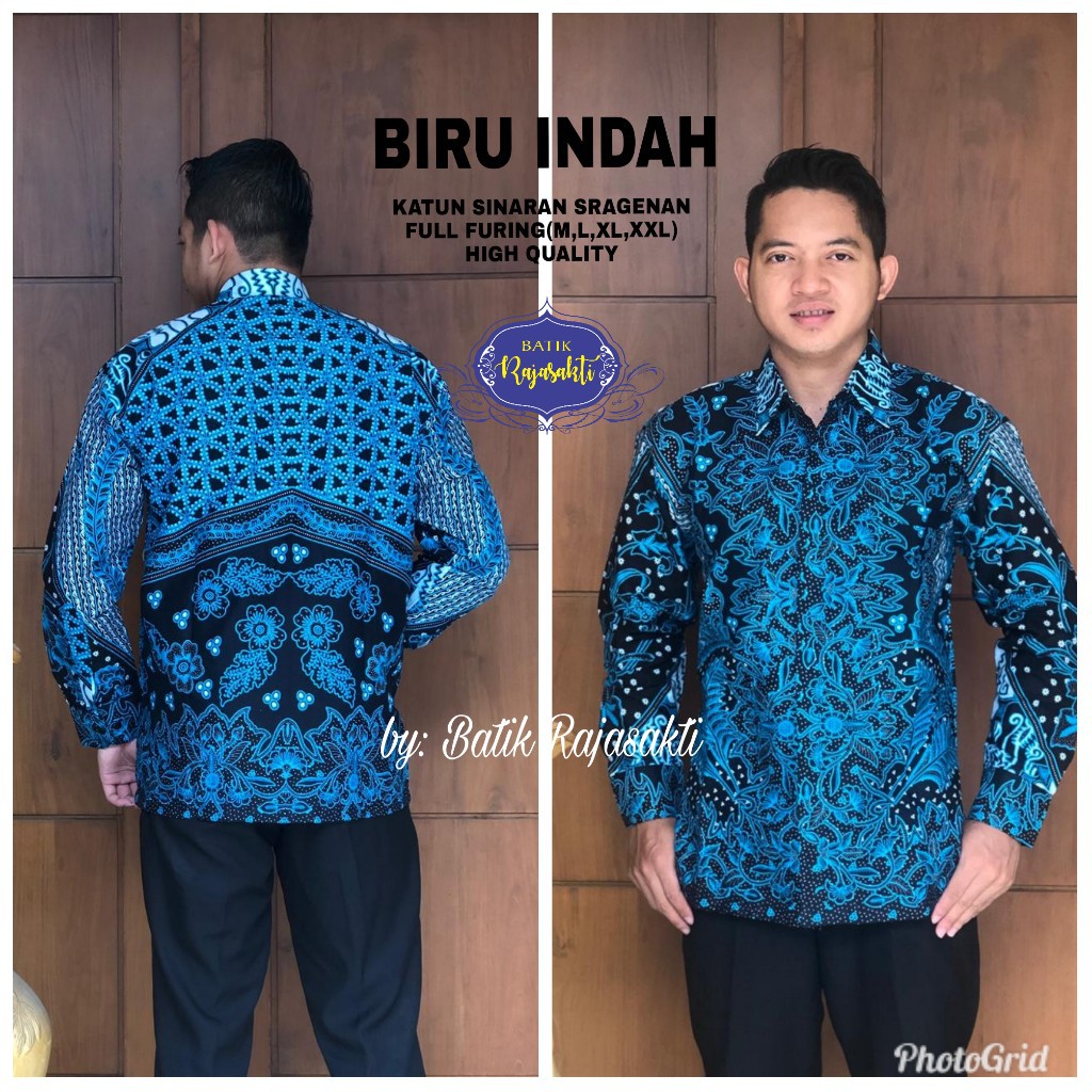 BIRU INDAH Kemeja Batik Pria Lengan Panjang Katun Halus FULL FURING Rajasakti