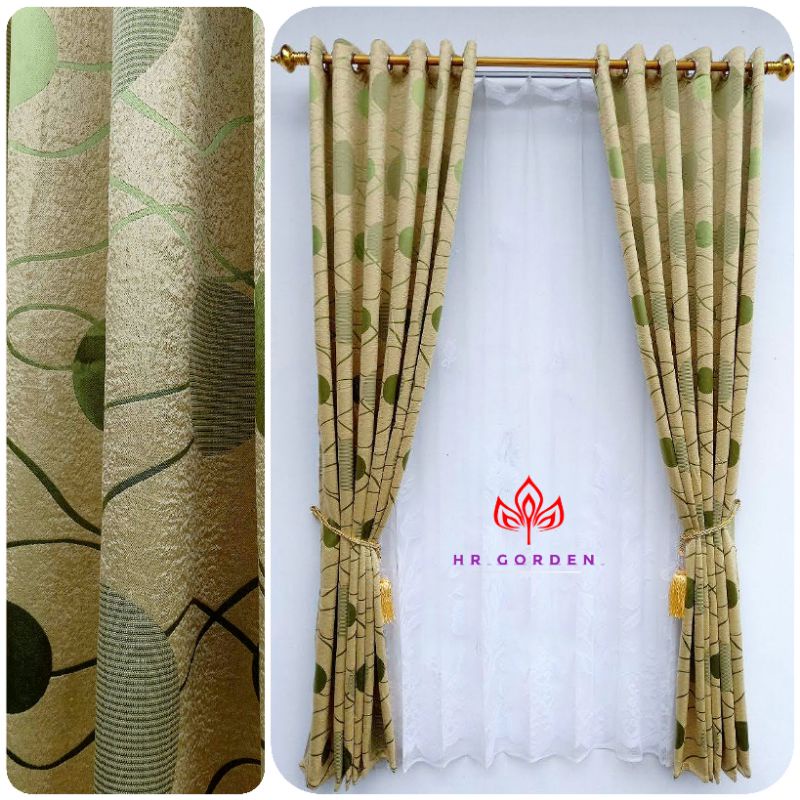 Gorden blackout impor pintu jendela rumah motip bolak-balik warna hijau model smoking 12 lubang ring