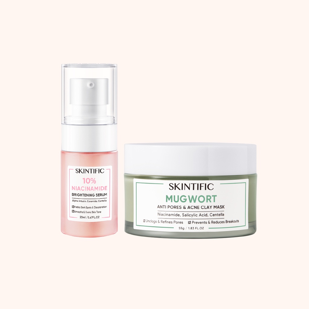 【Skintific Outlet Official】SKINTIFIC Mugwort Anti Pores &amp; Acne Clay Mask Pore Clarifying Wask Off Pack 55G Masker Wajah  &amp; 10% Niacinamide Brightening Serum 20Ml Serum Mencerahkan【BPOM】