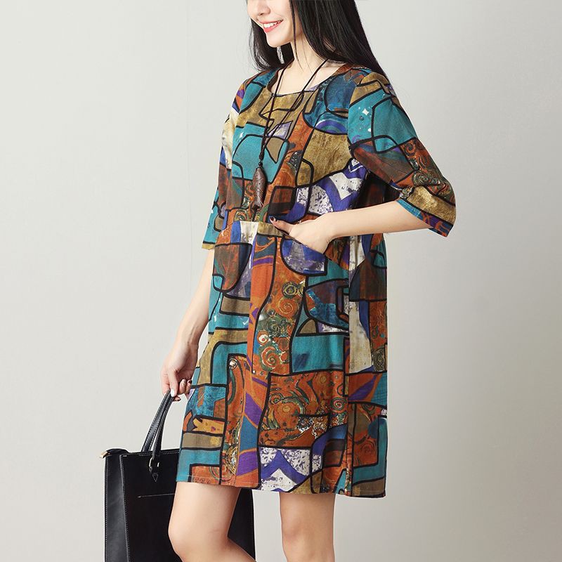 oi969- baju terusan wanita dress longgar mosaic import blue-coffee