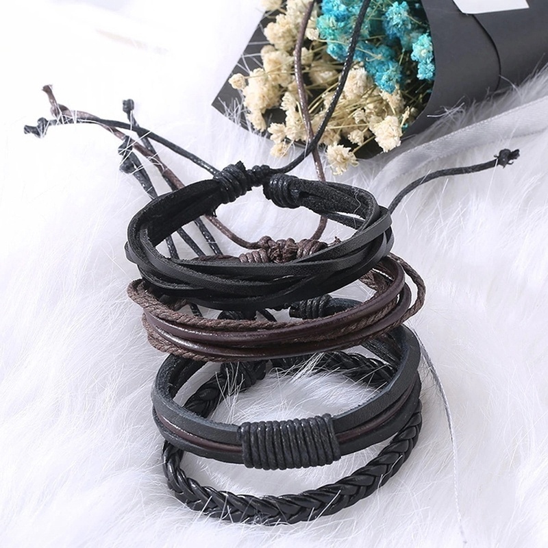 [Z H Jewelry] 4PC/1set Hip Hop Rock Retro Pria Fashion Gelang Kulit Perhiasan Aksesoris