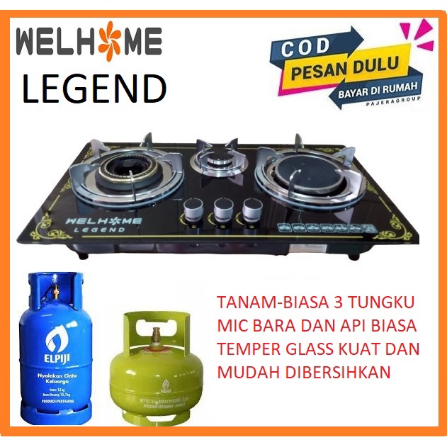 Kompor Gas Welhome Legend Kompor Tanam 3 Tungku Mix Bara Tempered Glas -Mudah dibersihkan