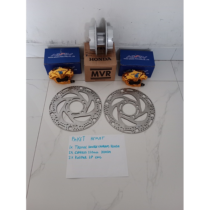 tromol teromol depan double disc/piringan cakram 220mm set kaliper 2P warna Gold untuk Honda Matic d