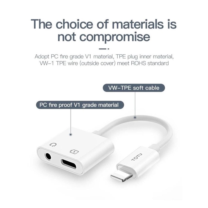 TOTU Iphone Splitter Lightning dan AUX 3.5mm Support Call/Mic dan Cas