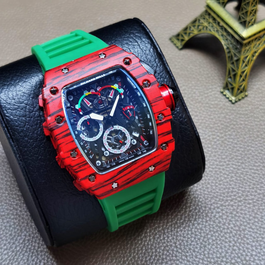 JAM TANGAN PRIA KEREN RM ANALOG CHRONOGRAPH STRAP RUBBER BODY MERAH