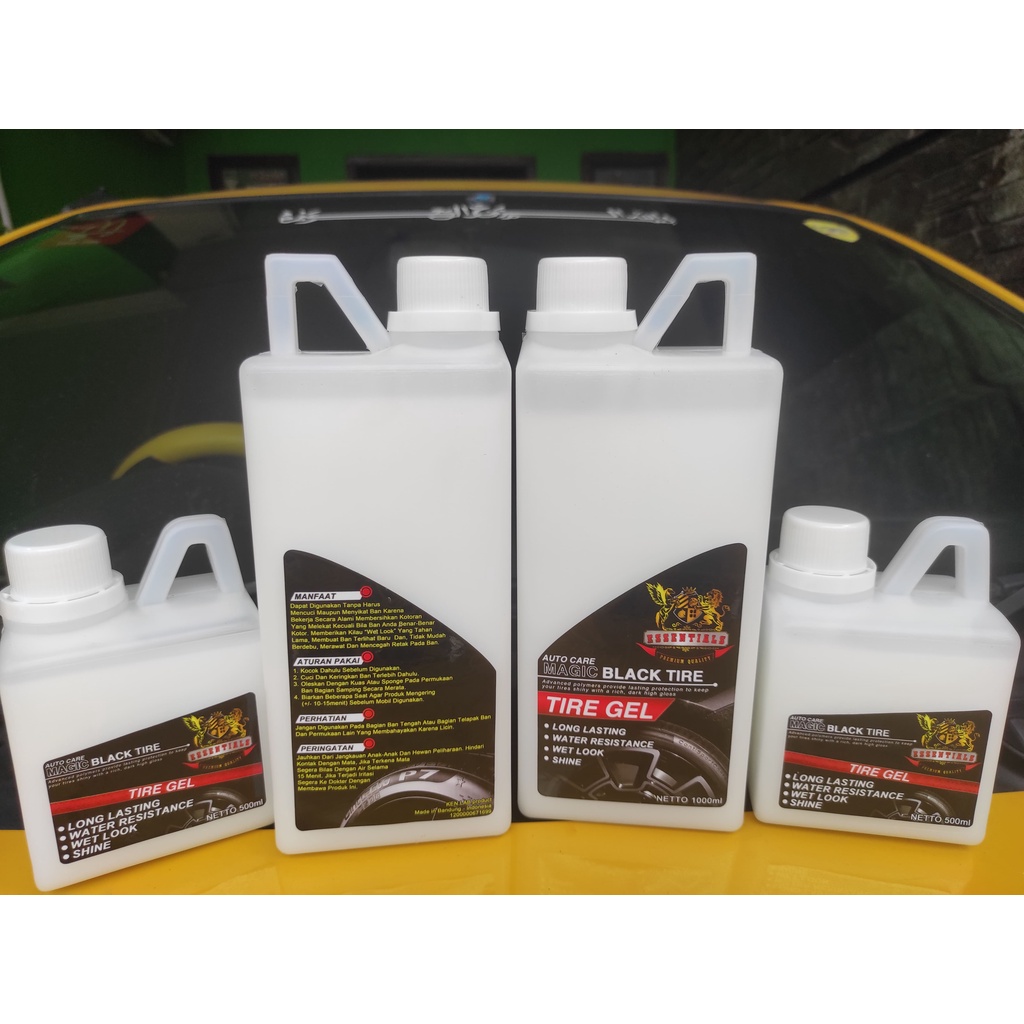 BAYAR DITEMPAT | COD | Semir Ban ESSENTIALS 500 mL | 1 Liter | Promo | Polish | Tire Gel Kualitas Terbaik | Premium | Terbaru | Auto Black | Shine | Kinclong | Wet Look | Hitam| Murah | Original | Terlaris | Mobil | Motor | MAGIC BLACK TIRE | Tahan Lama