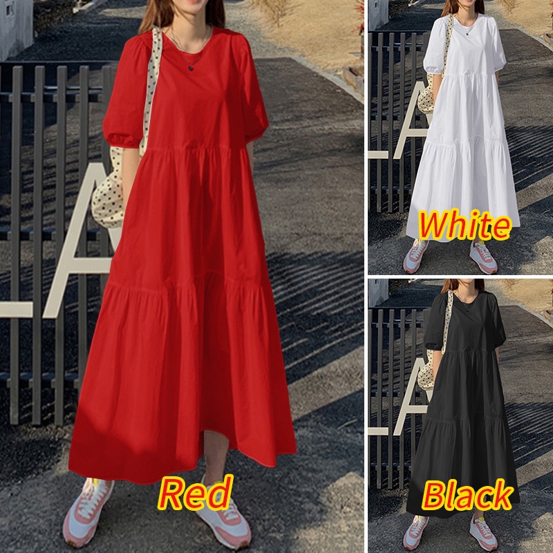 ZANZEA Women Loose Solid Color Puff Sleeve Swing Long Dress